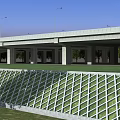 Modern Concrete Bridge Structure With Street Lamps And Green Space Underneath