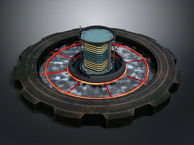 Mechanical Gear Structure With Central Tower And Red White Circular Lines 3d model
