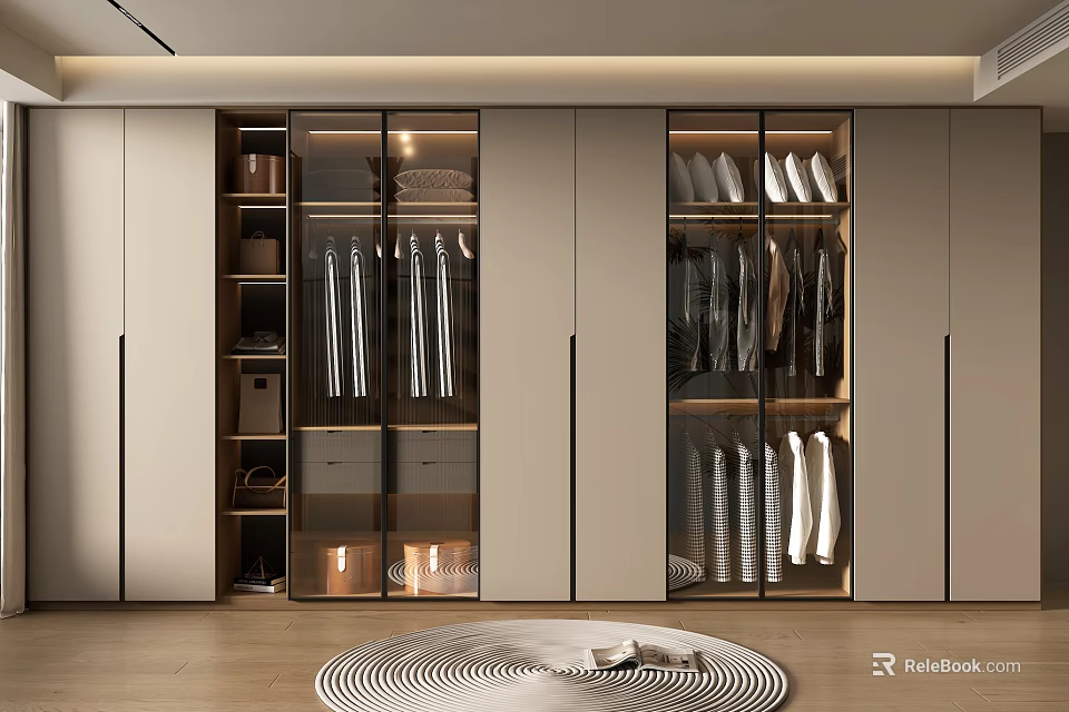 Modern Wooden Wardrobe With Glass Doors Hanging Rods Drawers And Interior Lighting 3d model 