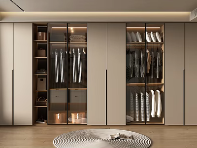 Modern Wooden Wardrobe With Glass Doors Hanging Rods Drawers And Interior Lighting 3d model