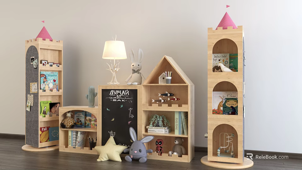 Kids Wooden Bookcases With House Castle Shapes And Toys In Room 3d model 