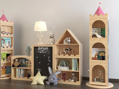 Kids Wooden Bookcases With House Castle Shapes And Toys In Room 3d model