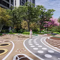 Chinese Garden Landscape Featuring Pagoda Waterfall Stone Bridge Lush Greenery and High-rise Buildings