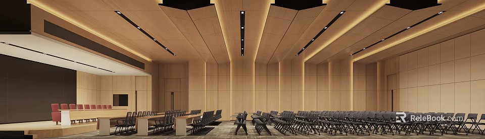 Modern Conference Room Interior Design With Wooden Walls Arranged Chairs And Ceiling Light Strips 3d model 