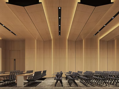 Modern Conference Room Interior Design With Wooden Walls Arranged Chairs And Ceiling Light Strips 3d model