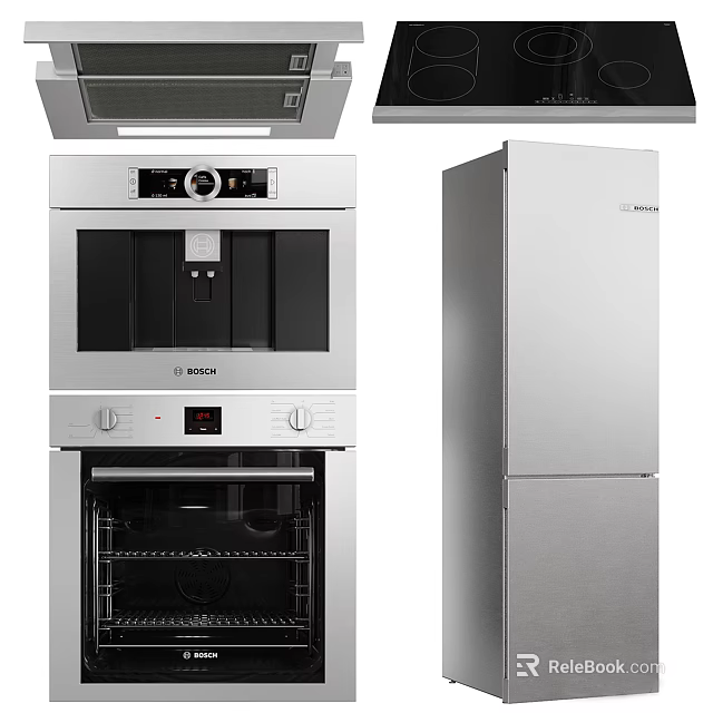 Modern BOSCH Kitchen Appliances Stainless Steel Coffee Machine Oven Refrigerator Range Hood Cooktop 3d model 