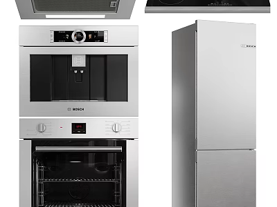 Modern BOSCH Kitchen Appliances Stainless Steel Coffee Machine Oven Refrigerator Range Hood Cooktop 3d model