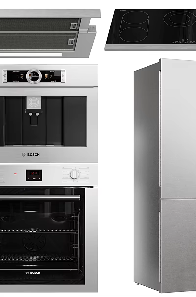 Modern BOSCH Kitchen Appliances Stainless Steel Coffee Machine Oven Refrigerator Range Hood Cooktop 3d model