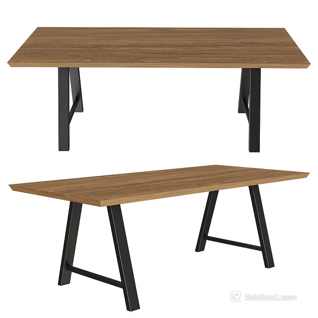 Modern Wooden Dining Table With Natural Wood Tabletop And Black Metal Cross Legs 3d model 