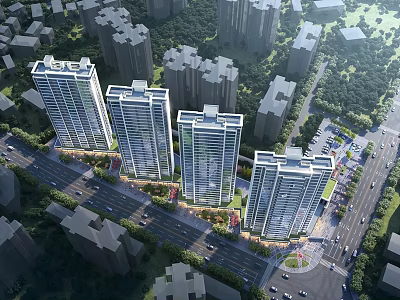 Birds Eye View Urban Planning with High Rise Buildings Road Networks and Green Spaces 3d model