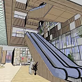 Modern Public Lobby Interior With Escalator Green Plants And People Activity