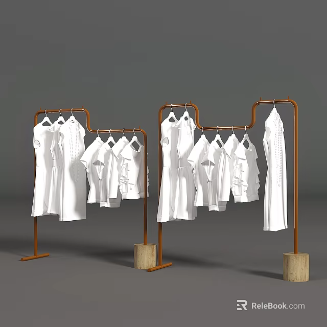 Art Installation With Brown Metal Frames Holding White Garments And Wooden Bases On Gray Background 3d model 