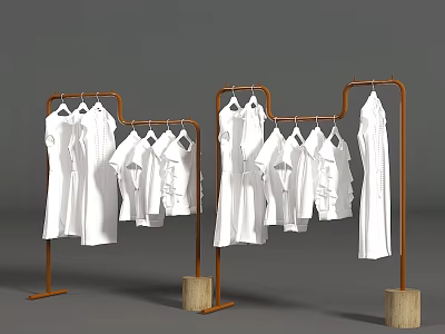Art Installation With Brown Metal Frames Holding White Garments And Wooden Bases On Gray Background 3d model