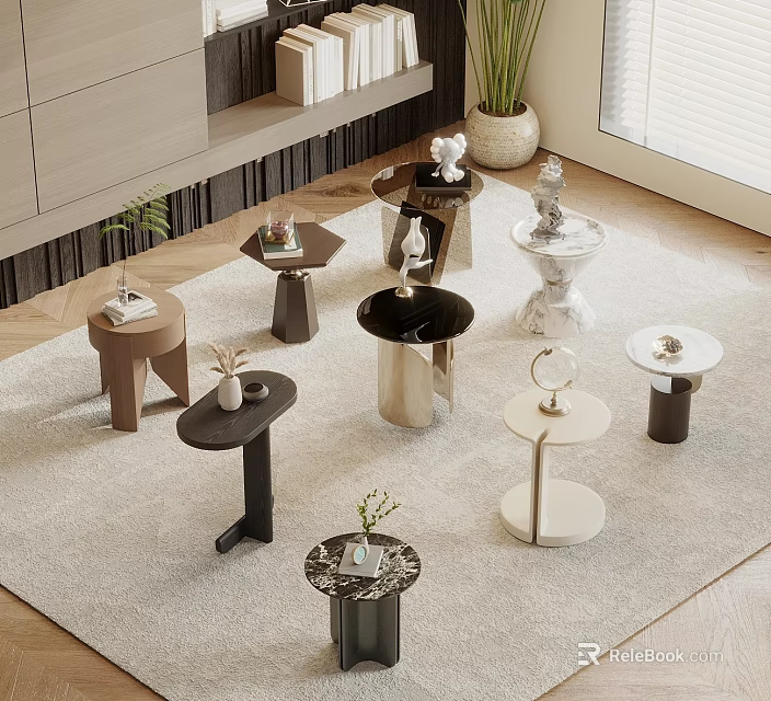 Various Stylish Side Tables with Different Colors and Decorative Accents in Living Room 3d model 