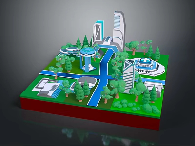 Natural Landscape Model With Green Grass Trees Circular Plaza Modern Buildings And Pathways 3d model
