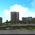 Scenic Landscape with White Waterfront Walkways Green Grass Trees and People Enjoying the View