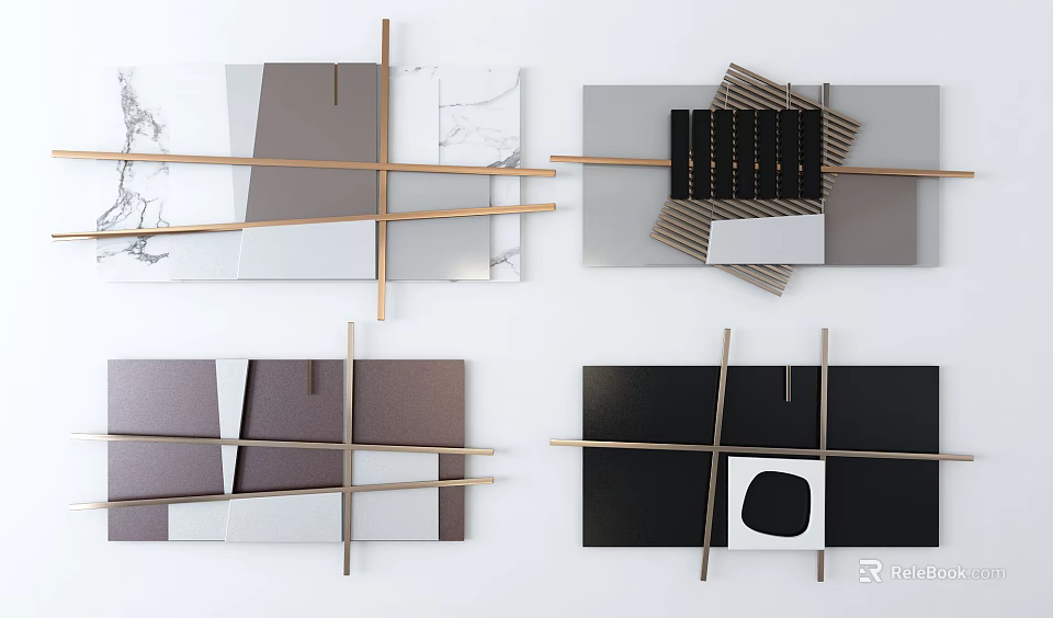 Modern Wall Decor with Geometric Shapes Marble Wood and Metal Elements 3d model