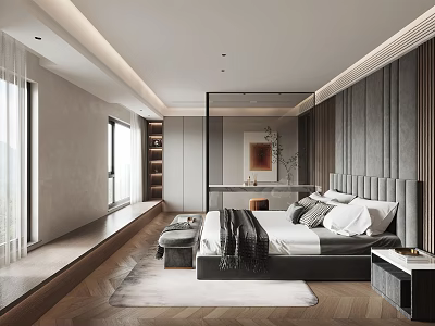 Modern Bedroom Interior Design With Grey Upholstered Headboard Large Bed And Wooden Flooring 3d model