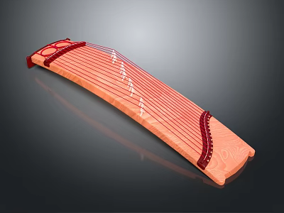 Traditional Chinese Zither Musical Instrument with Handcrafted Wooden Body and Red Decorative Strings 3d model