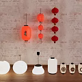 Traditional Red and White Chinese Lanterns Hanging on Textured Wall with Decorative Wooden Bases