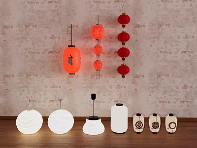 Traditional Red and White Chinese Lanterns Hanging on Textured Wall with Decorative Wooden Bases 3d model