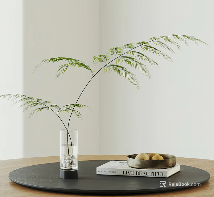 Clear Glass Vase with Green Ferns on Black Round Table with Book and Fruit Bowl 3d model 