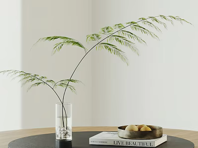 Clear Glass Vase with Green Ferns on Black Round Table with Book and Fruit Bowl 3d model