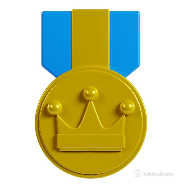 Decorative Ornament Set With Golden Medal Crown Design And Blue Ribbon 3d model 