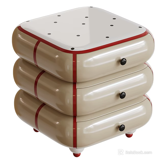 Elegant Beige Bedside Table With Red Trim Multiple Drawers And Black Knobs 3d model 