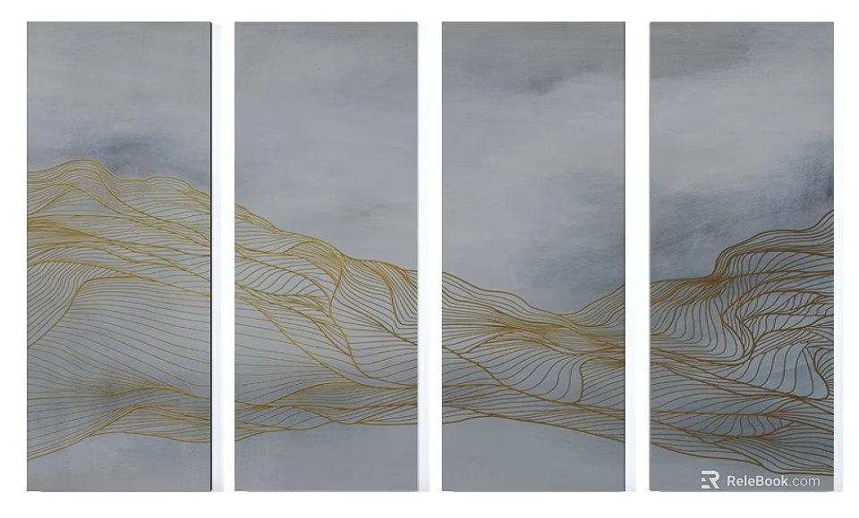 Modern Abstract Wall Art Four Panel With Golden Lines Gray Background And Minimalist Mountain Design 3d model 