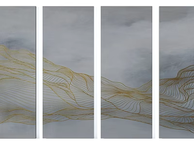 Modern Abstract Wall Art Four Panel With Golden Lines Gray Background And Minimalist Mountain Design 3d model