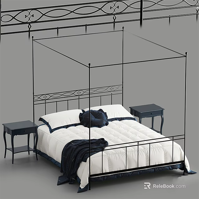 Modern Metal Four Poster Double Bed With White Bedding And Nightstands 3d model 