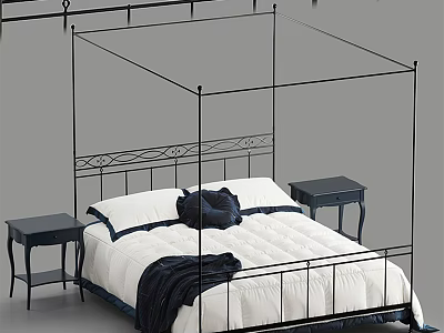 Modern Metal Four Poster Double Bed With White Bedding And Nightstands 3d model