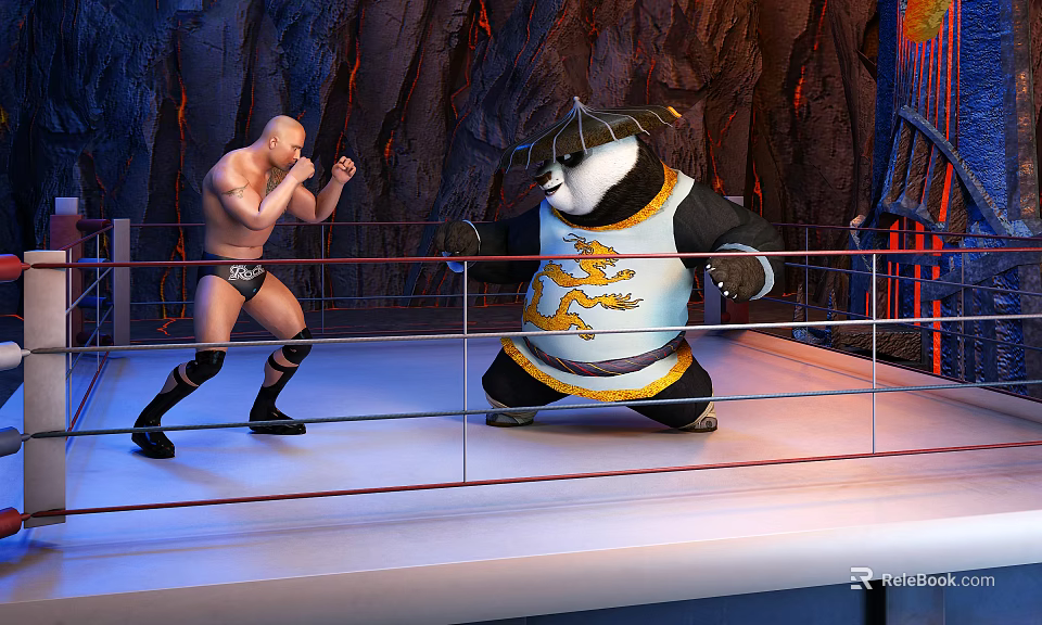 Cartoon Scene Bald Man And Panda In Wrestling Ring With Dragon Design Rock Walls 3d model 