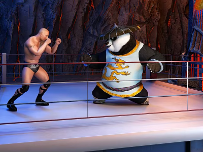 Cartoon Scene Bald Man And Panda In Wrestling Ring With Dragon Design Rock Walls 3d model