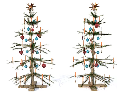 Traditional Christmas Trees Decorated With Star Tops Colored Balls Heart Ornaments Candles And Wooden Bases 3d model