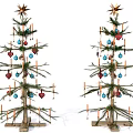 Traditional Christmas Trees Decorated With Star Tops Colored Balls Heart Ornaments Candles And Wooden Bases