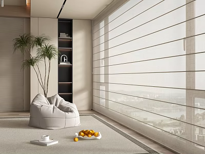 Modern Sliding Panel Blinds In Bright Living Room Interior With Natural Light And Scenic View 3d model