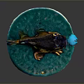 Frog Like Aquatic Animal With Fish Tail Sitting On Blue Lily Pad Holding Blue Bubble