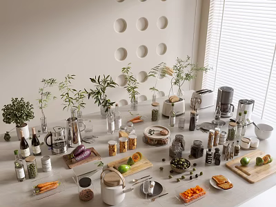 Modern Kitchen Countertop Ornamental Decor Combination With Green Plants Glass Vases And Jars 3d model