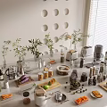 Modern Kitchen Countertop Ornamental Decor Combination With Green Plants Glass Vases And Jars