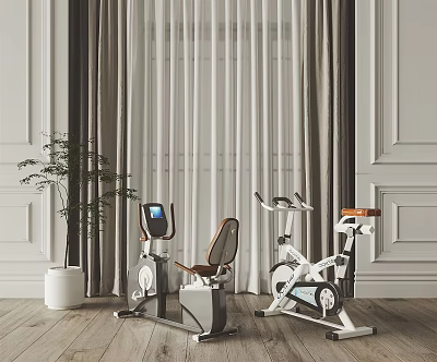 Indoor Sports Equipment Including Exercise Bikes with White Curtains Wooden Floor and Green Plant 3d model