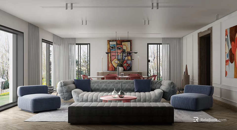 Modern Living Dining Room Interior With Gray Sofa Dining Table And Colorful Wall Art 3d model 