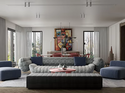 Modern Living Dining Room Interior With Gray Sofa Dining Table And Colorful Wall Art 3d model