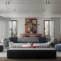 Modern Living Dining Room Interior With Gray Sofa Dining Table And Colorful Wall Art