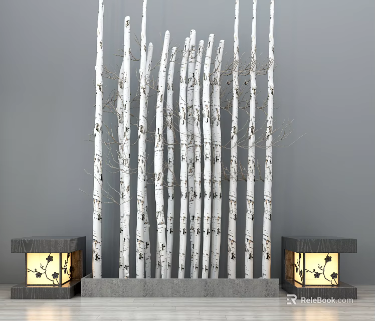 Garden Ornament With White Tree Trunks Screen And Decorative Lanterns On Gray Base 3d model