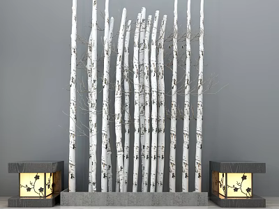 Garden Ornament With White Tree Trunks Screen And Decorative Lanterns On Gray Base 3d model