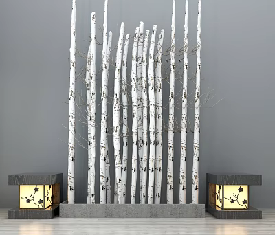 Garden Ornament With White Tree Trunks Screen And Decorative Lanterns On Gray Base 3d model