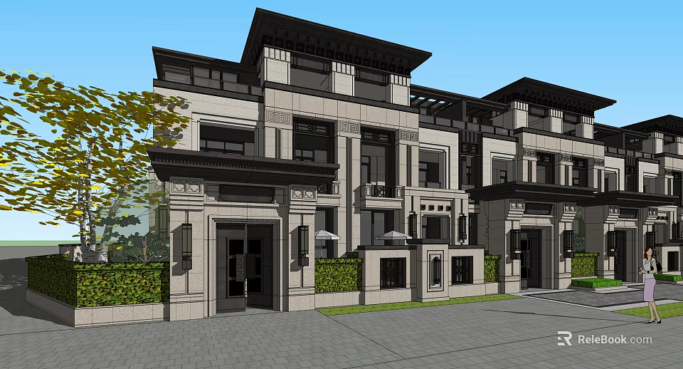 Modern Two Story Detached Villa Exterior With Grey Black Facade Balcony And Green Plants 3d model 