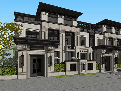 Modern Two Story Detached Villa Exterior With Grey Black Facade Balcony And Green Plants 3d model